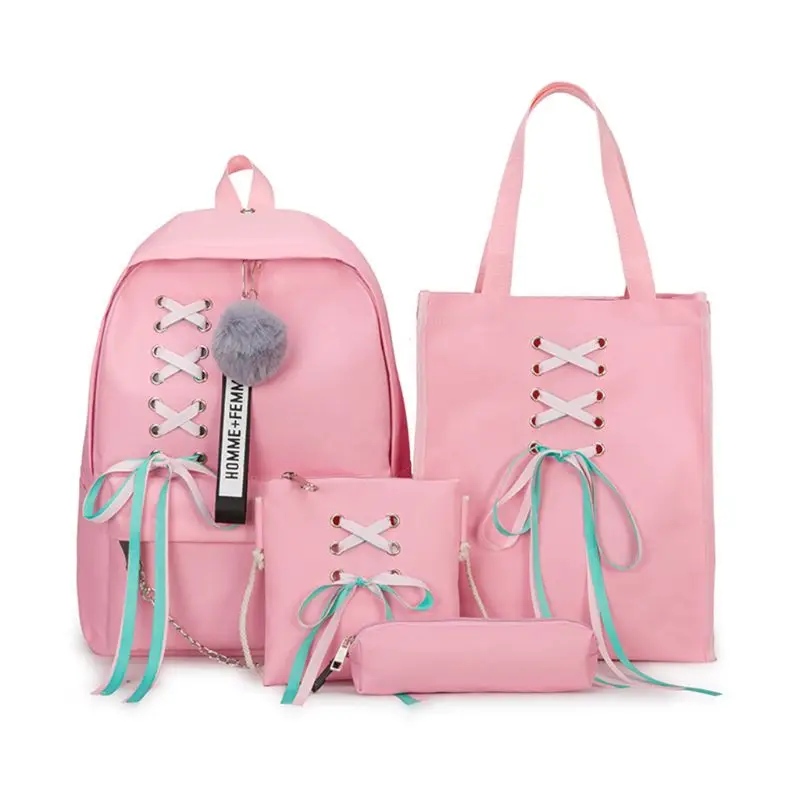 pink Модные женские туфли 4 шт./компл. лента цепь с буквенным холст рюкзак дорожная сумка рюкзак для девочек-подростков, школьный рюкзак для девочек - Цвет: pink