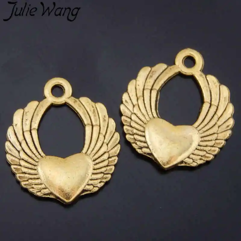 Julie Wang 10 шт. Золотой летающий сердце Крылья Подвески из сплава для ожерелья серьги