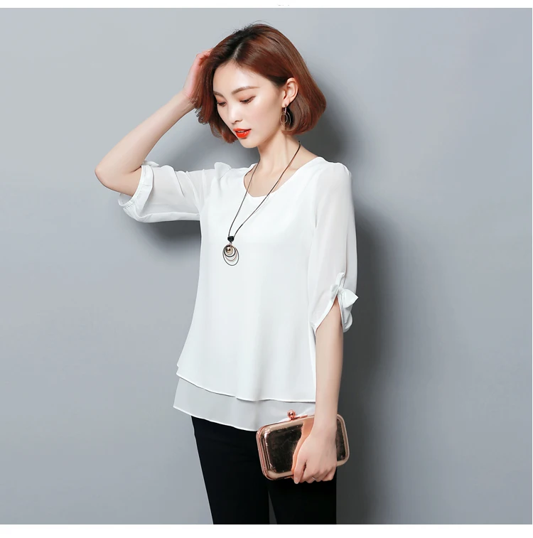 Летом стиль женщины блузки половина рукава галстук-бабочку шифон блузка рубашка