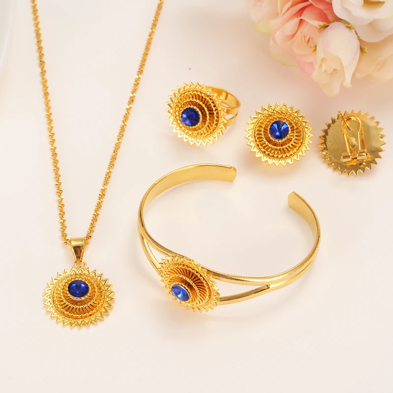 Habesha Set Ethiopia Style Necklace Earrings Ring bangle Gold Color Jewelry Sudan women girls cz cystal bridal Wedding Gift | Украшения и
