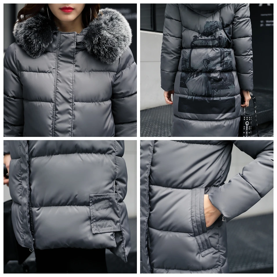Для женщин зимние пальто с модный принт Женская куртка капюшоном большой меховой