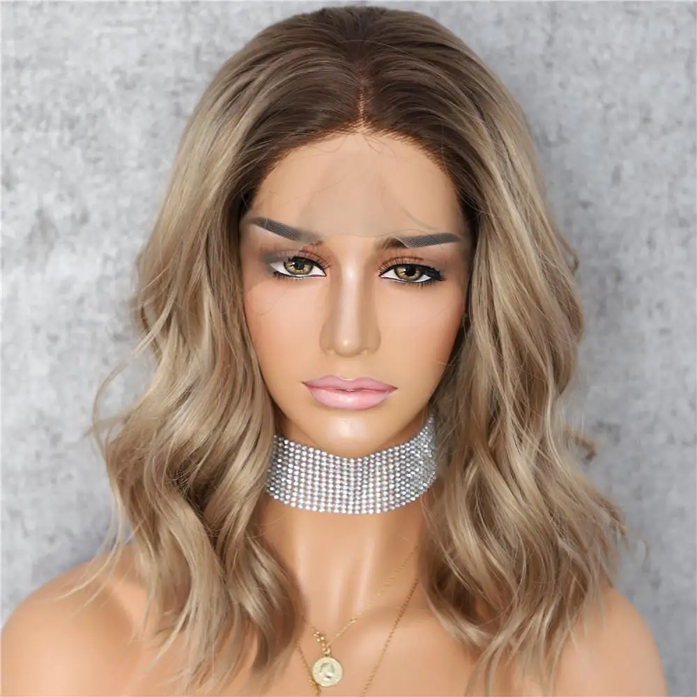 Brown BeautyTown темный корень Омбре фиолетовый красочные короткие волосы блоггер ежедневный макияж Glueless синтетические кружева перед Свадебная вечеринка парики - Цвет: Brown