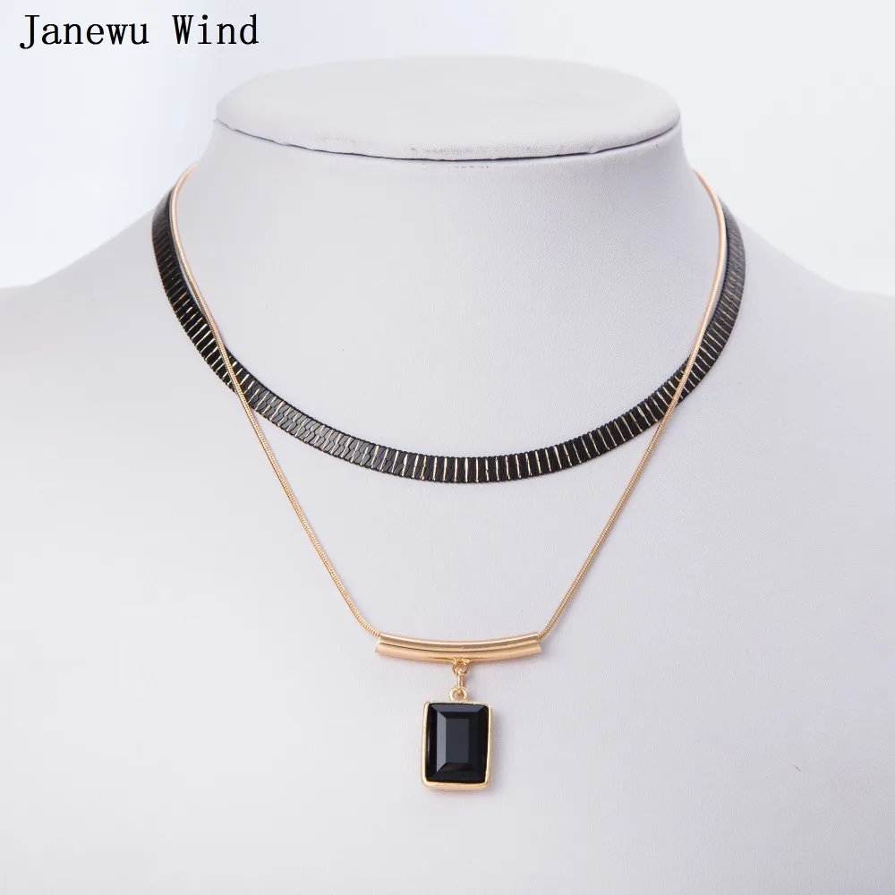 Janewu ветер квадрат черный кристалл кулон ожерелье женщин 2 слоя высокое качество