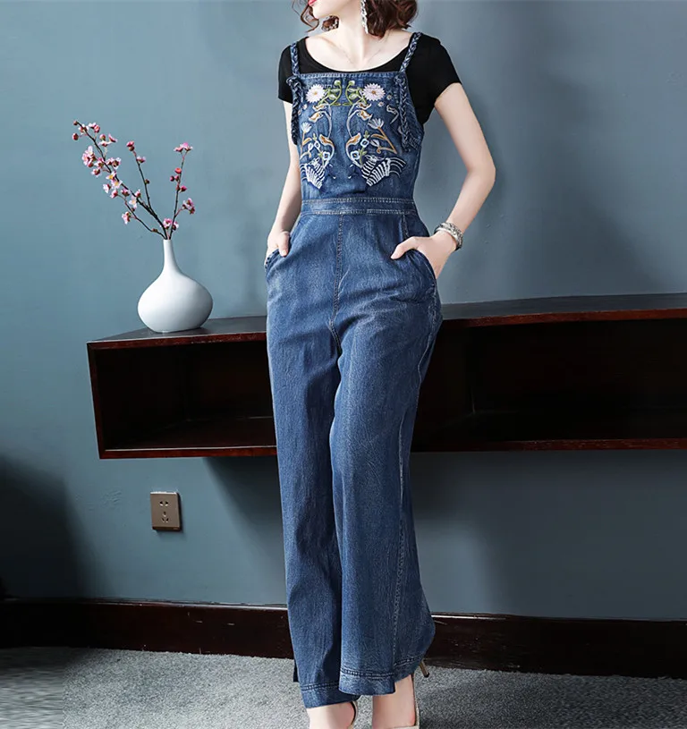 Denim jumpsuit women 2018 Fashion Floral Embroidery Blue Jean overalls Elegant Sleeveless Strapless Wide Legs pants Bodysuits | Женская