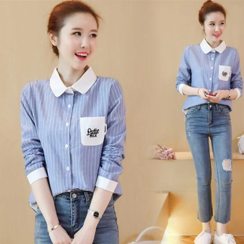 Cinmeprity Новая осень зима блузка в полоску с длинными рукавами рубашка лацканами