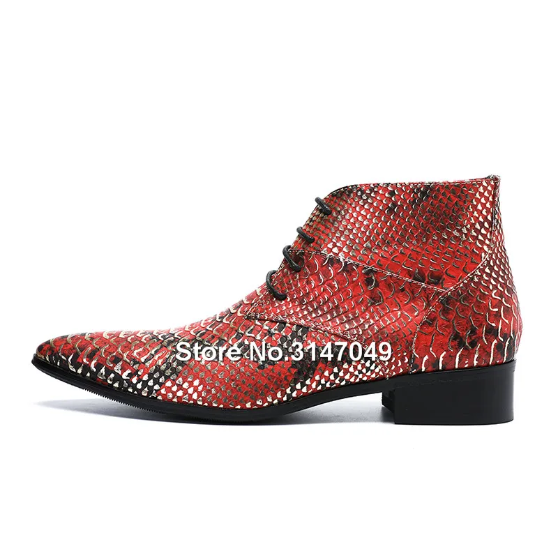 Spring Autumn Mens Boots Casual Genuine Leather Men Lace Up Pointed Toe Worker Shoes Bling Red Blue Snakeskin Pattern Boot | Обувь