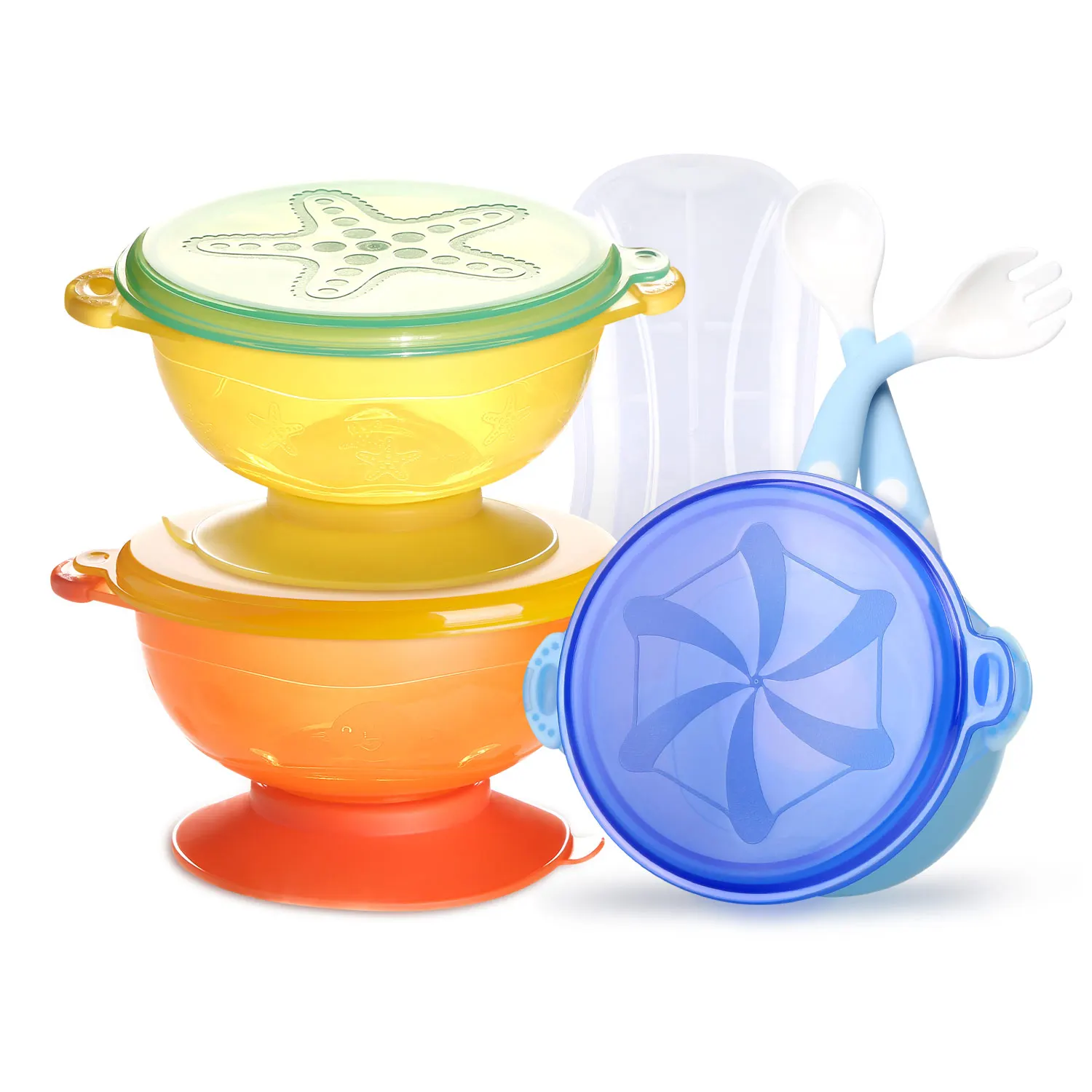 Set with Green Fork Милые Нескользящие Детские миски для кормления с 3 чашами, 2 ложки, 1 вилка, 1 Дорожный Чехол - Цвет: Set with Green Fork