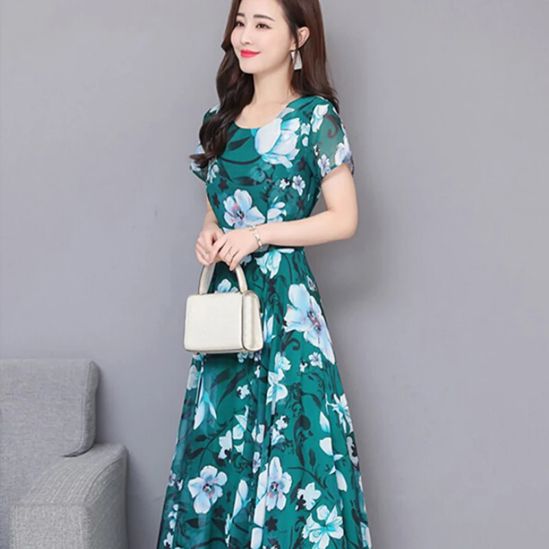 Женское платье летнее круглый вырез короткий рукав полиэстер цветочный рисунок