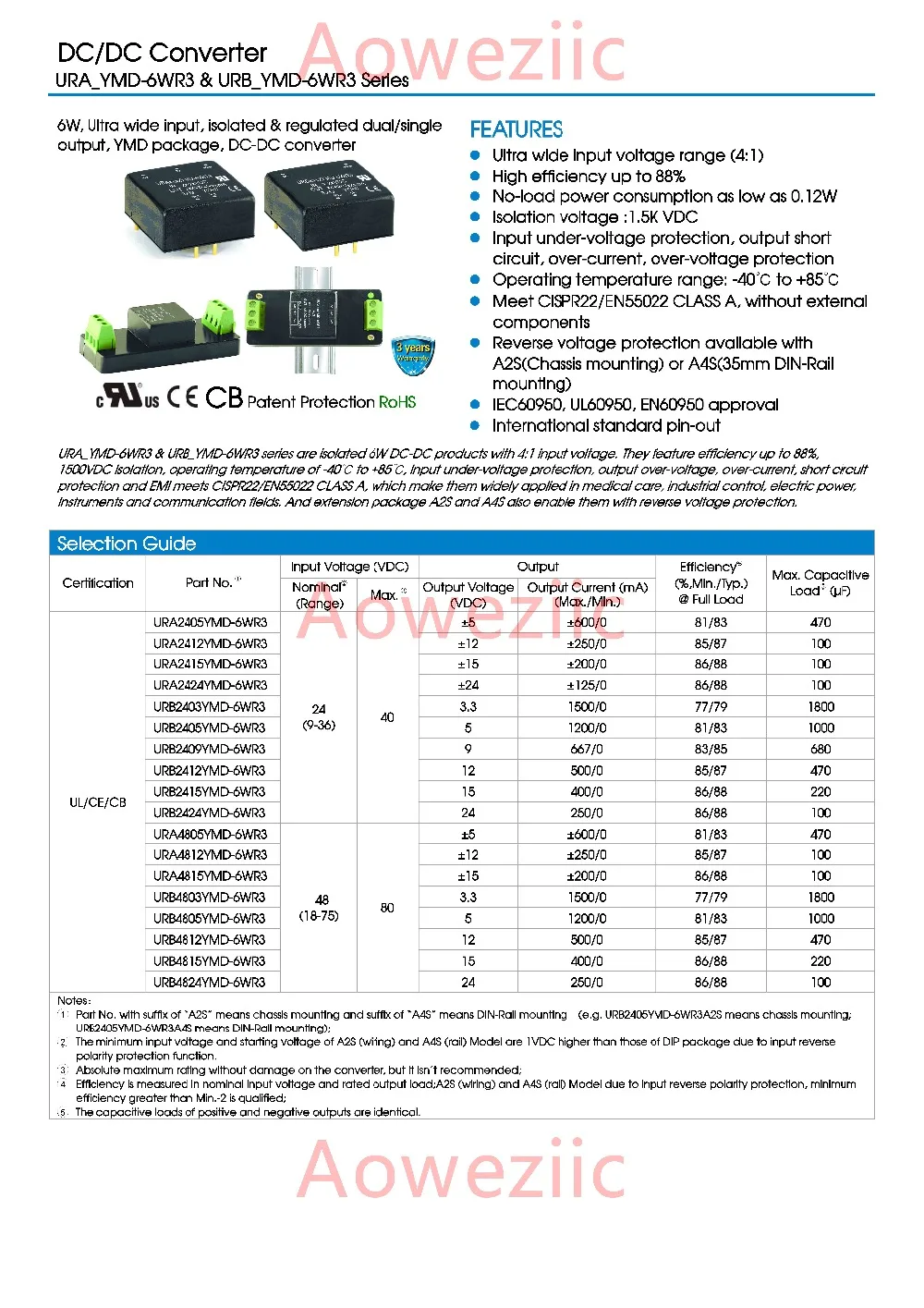 Aoweziic URB4812YMD-6WR3 URB4812YMD-6W URB4812 новый оригинальный DIP вход: 18-75 в Выход: 12 В 0.5A DC-DC 1.5кв