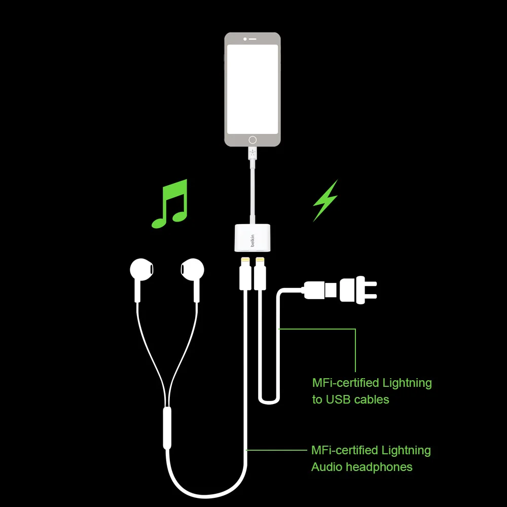 Belkin аудио + зарядка Rockstar MFi Сертифицированный 8pin адаптер кабель для iPhone X 8 7 Plus 6s