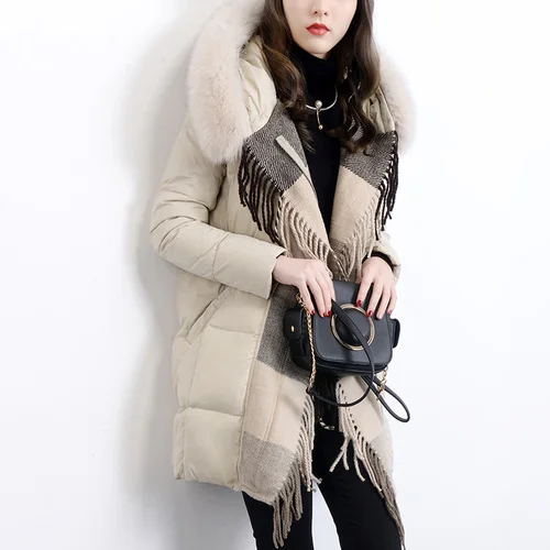 Beige KMETRAM, зимнее женское пальто, 90% белый утиный пух, куртка для девушек, натуральный Лисий мех, воротник с капюшоном, парки, женские, толстые, тонкие, длинные пальто, MY463 - Цвет: Beige