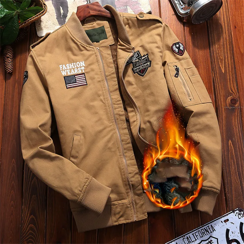Pure cotton thickening fleece lining jacket men baseball style army green coats 2019 new autumn winter collection | Мужская одежда