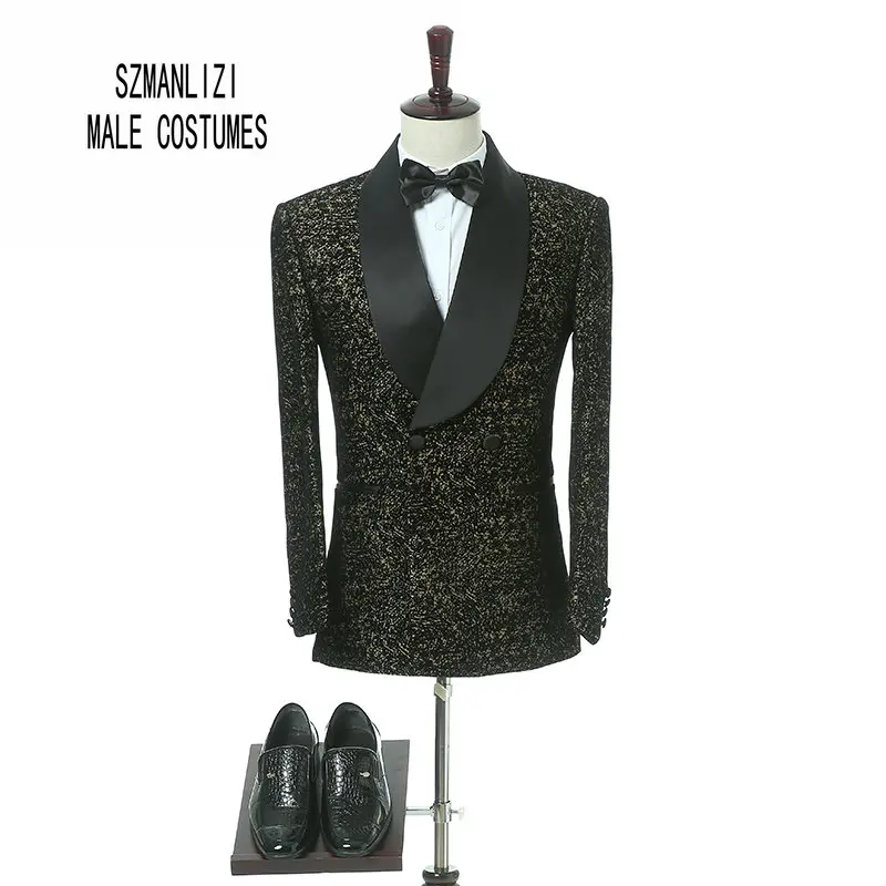 Элегантный бренд 2017 золотой приталенный смокинг шаль с лацканами двубортный