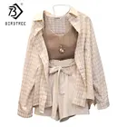 Летний женский Комплект из трех предметов, Топ с длинным рукавом в клетку и шорты на резинке, ремень для широкой талии, S96805J