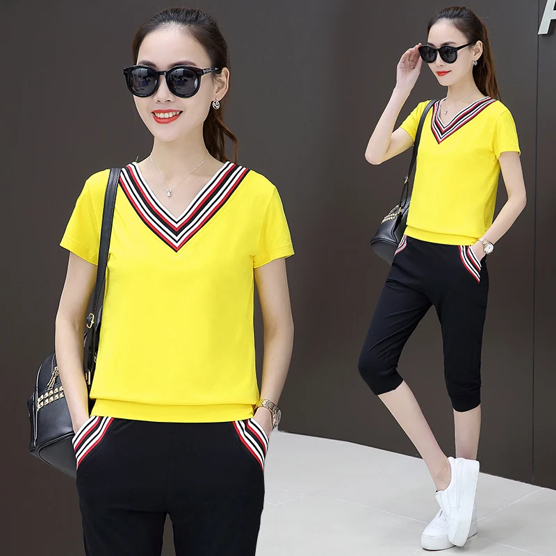 Спортивный костюм женский Лето 2019 Новая мода Большой размер v образным вырезом с