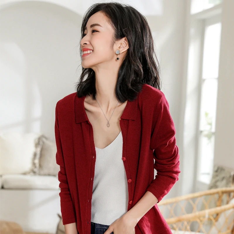 BARESKIY Cashmere sweater female spring new lapel round neck cardigan casual short pure color thin coat cashmere shirt |