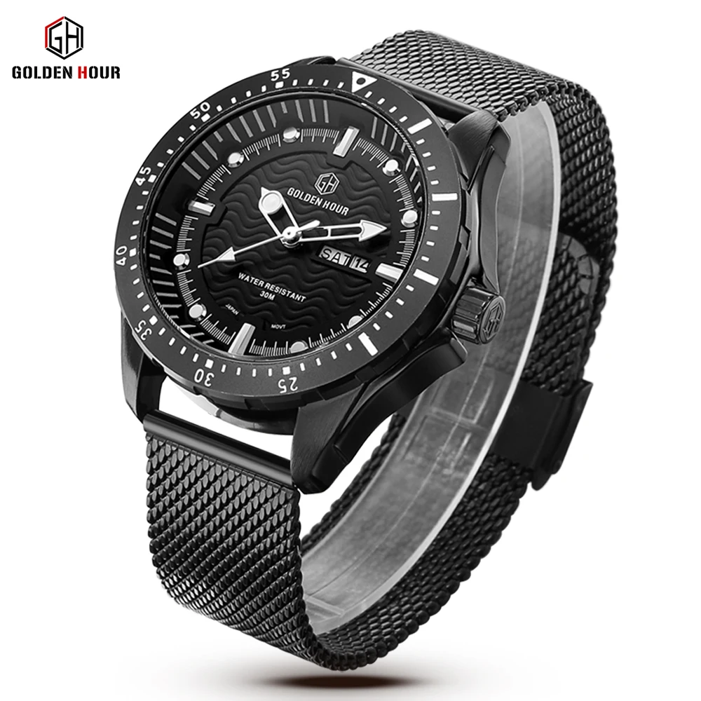 Мужские наручные часы Reloj Hombre GOLDENHOUR бизнес браслет с сеткой водонепроницаемые