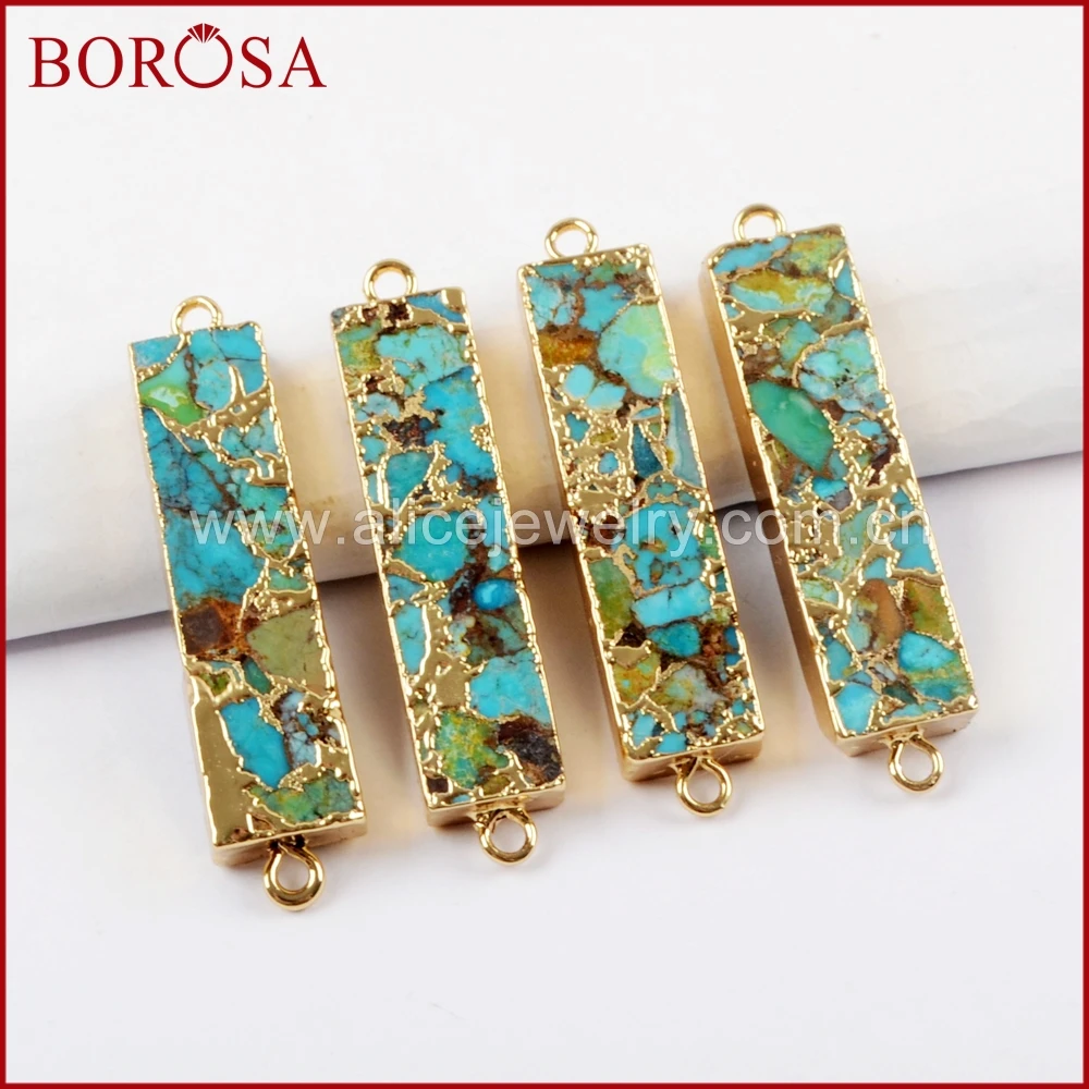 Прямоугольный медный Бирюзовый соединитель BOROSA, 5/10 шт., натуральный синий камень, двойные подвески драгоценных камней для ожерелья, ювелирных изделий, G1650