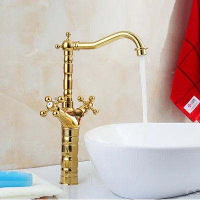 Смеситель для ванной комнаты золотистый кран раковины с двойной ручкой одно