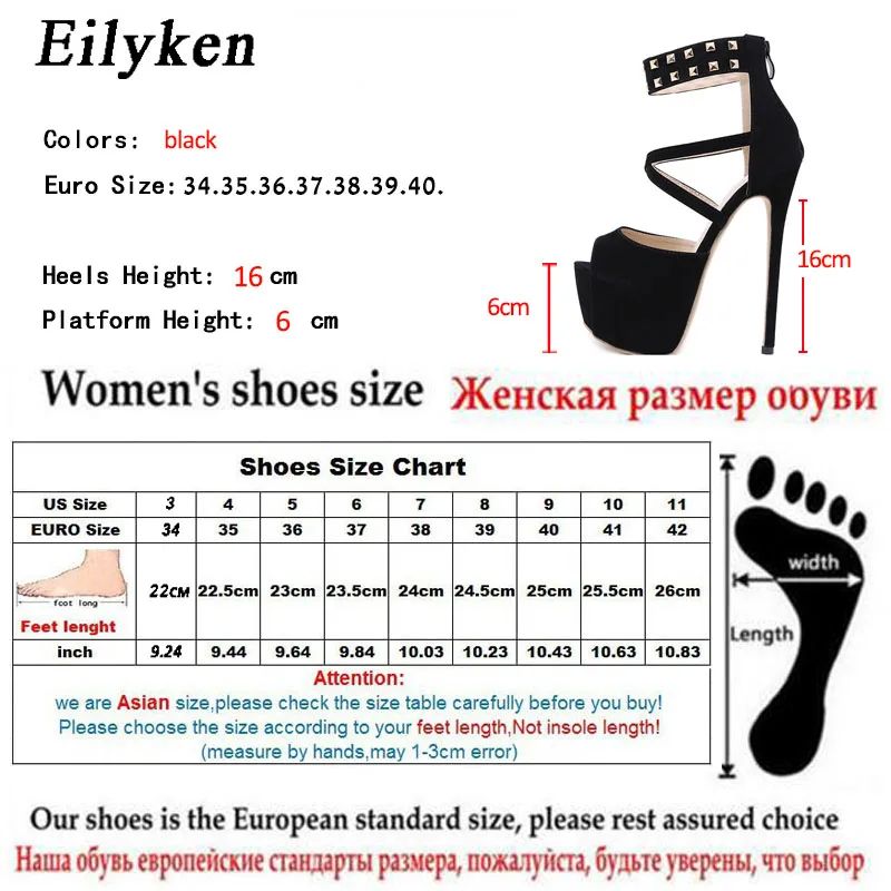 Eilyken новые летние пикантные туфли с заклепками женские босоножки-гладиаторы вечерние открытый носок, на платформе, лодочки, сандалии, обувь черного цвета; Размеры 35-40