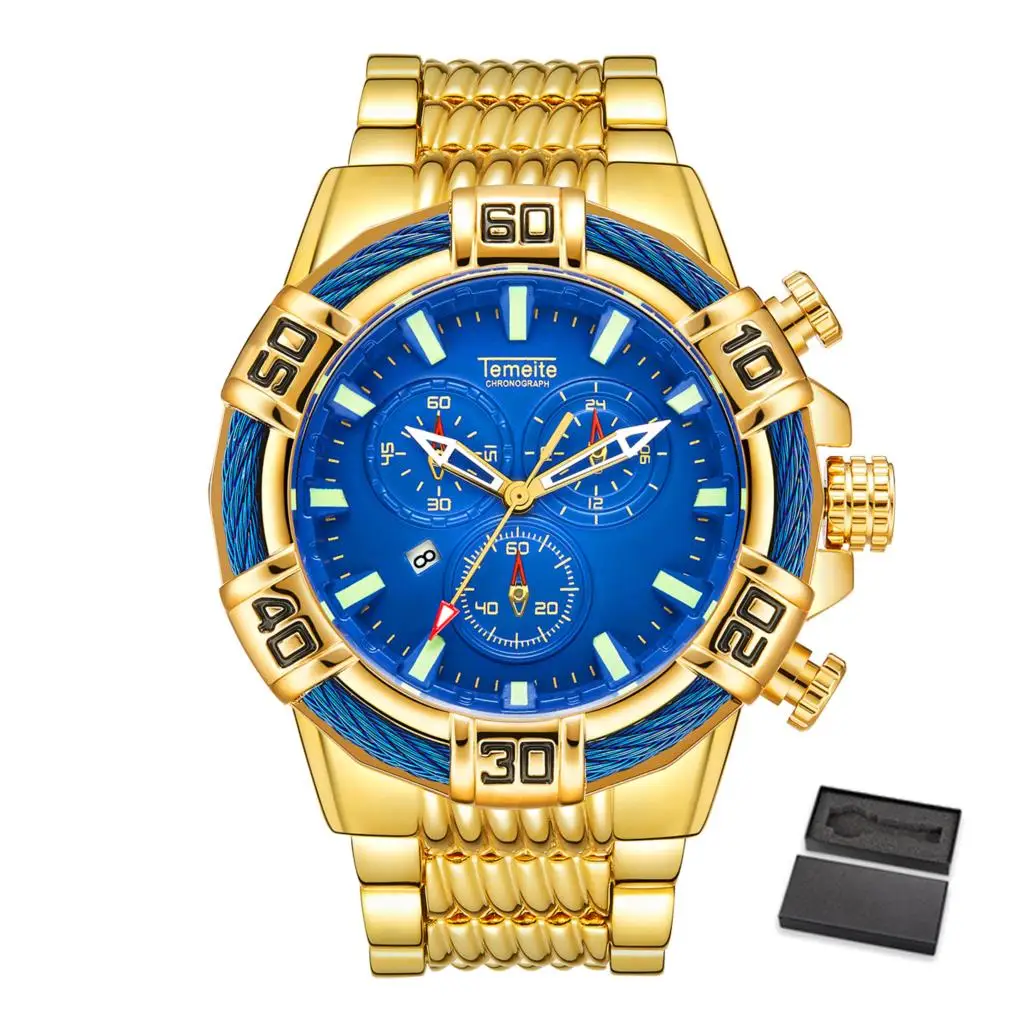Temeite 1 with box Temeite Relogio Masculino бизнес роскошные золотые кварцевые аналоговые Мужские часы спортивные часы мужские водонепроницаемые военные мужские наручные часы - Цвет: Temeite 1 with box