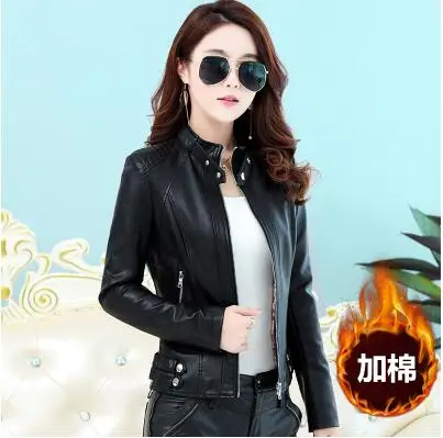 Black plus cotton Весна осень кожаная куртка женская короткая мотоциклетная кожаная куртка модный тонкий воротник зима новое тонкое пальто tide OKXGNZ AY29 - Цвет: Black plus cotton