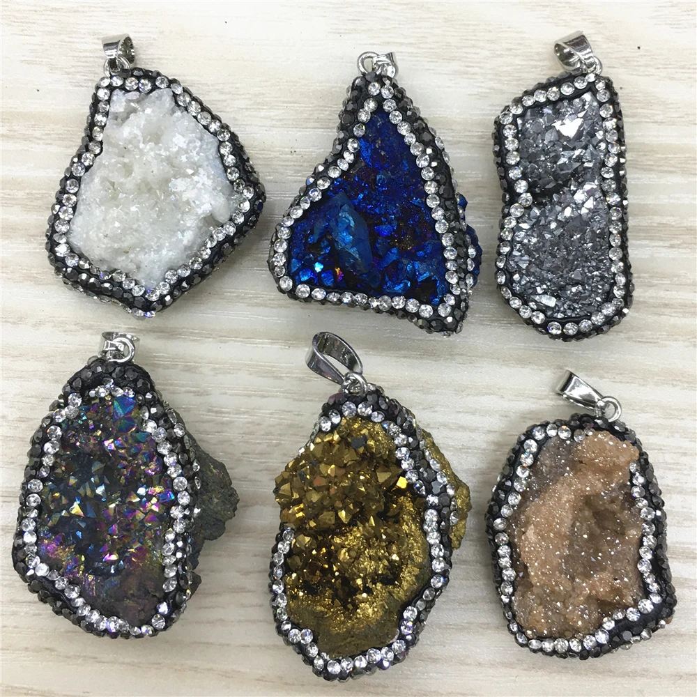 Mixed Color Rhinestone Irregular Natural Stone Pendants Pendulum Crystal Druzys Drusy Pendants Sparkling Pendant Necklace for Jewelry Making - Окраска металла: Mixed Color