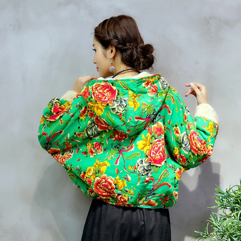 2019 Traditional Chinese Style Women Thick warm Short Coat Autumn Retro Button Printed Long Sleeve Cotton Linen cc470 | Женская одежда