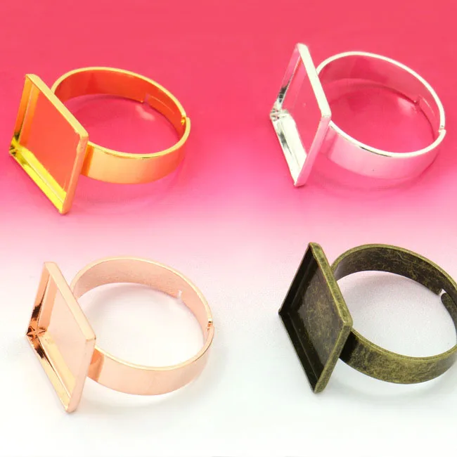 

Blank Adjustable Rings Settings with Inner 12mm Square Bezel Cabochon Bases Ring Findings Multi-color plated Brass