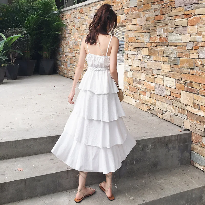 Летние каскадные взъерошенные Для женщин принцессы Чистый цвет платье слинг до