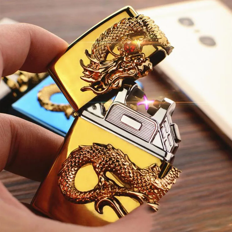 Зарядка через usb Двойной Дуговая зажигалка, ветрозащищенная для творческих личностей светильник с драконами человек электрический импульс металлическая зажигалка подарок