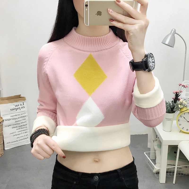 High quality Elegance Thick Warm Women's Pullover Sweater Fashion Knitted With Velveeta Jumper Top Slim Female O-neck | Женская