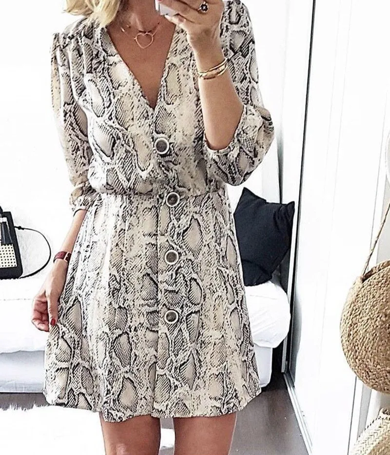 Женское платье с V-образным вырезом и змеиным принтом эластичная талия рукав три