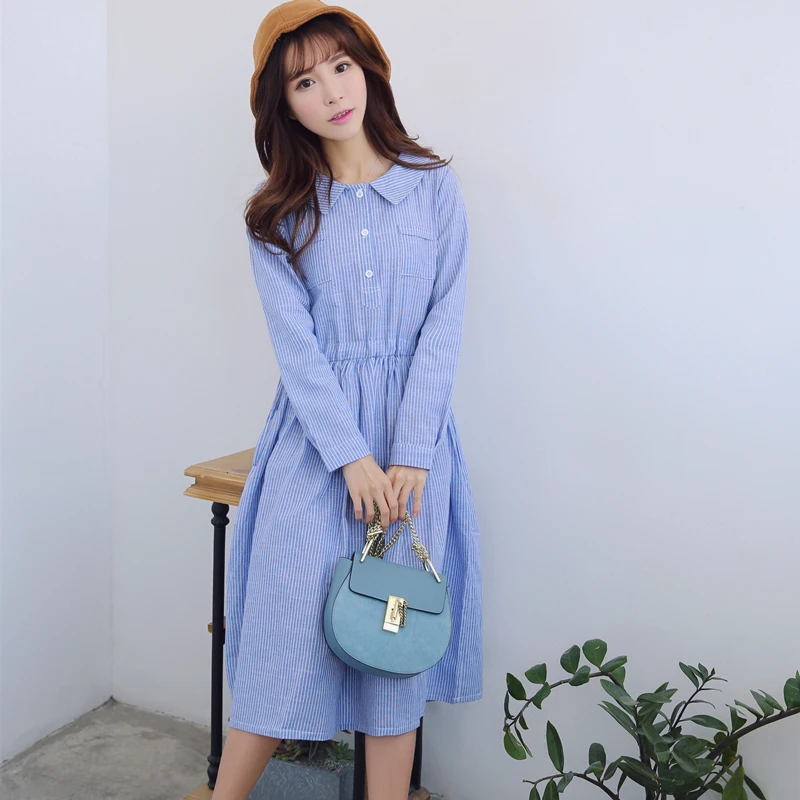 Женское винтажное платье в японском стиле Mori Girl длинное Хлопковое рубашка синюю