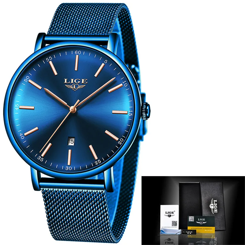 All blue LIGE мужские часы от ведущего бренда класса люкс водонепроницаемые ультра тонкие часы с синим сетчатым ремешком модные повседневные кварцевые часы мужские спортивные наручные часы - Color: All blue