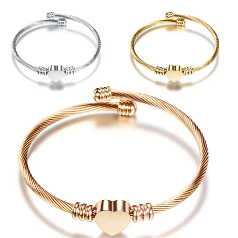 

3color stainless steel wire bracelet Cable wire titanium steel Bangle heart-shaped bracelet rose gold Fashion women bracelet