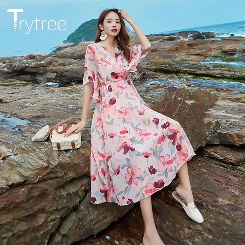 Trytree/2019 летнее осеннее Повседневное платье с принтом полиэстер рукав бабочка