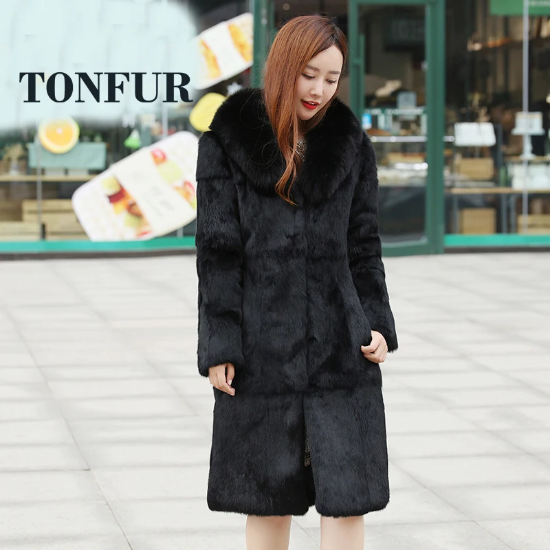 2019 Factory Direct Price Women Winter X Long Real Genuine Rabbit Fur Coat with Luxury Pure Fox Collar Overcoat Hot TSR128 | Женская