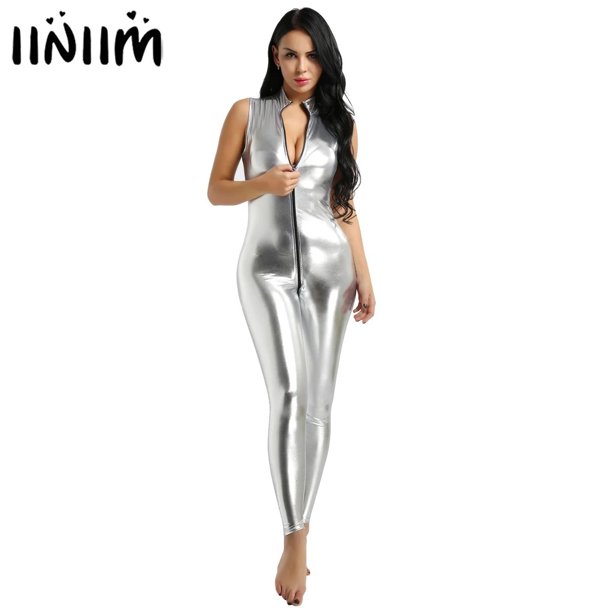 

Womens Clothing Femme Wetlook Party Costume Catsuit Cocktail Faux Leather Double Zipper Leotard Dancewear Bodysuit Sexy Clubwear