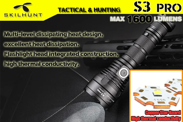 Новинка 2017 тактический светодиодный фонарик SKILHUNT S3 PRO CREE XHP35 HD/HI с USB-зарядкой 1600