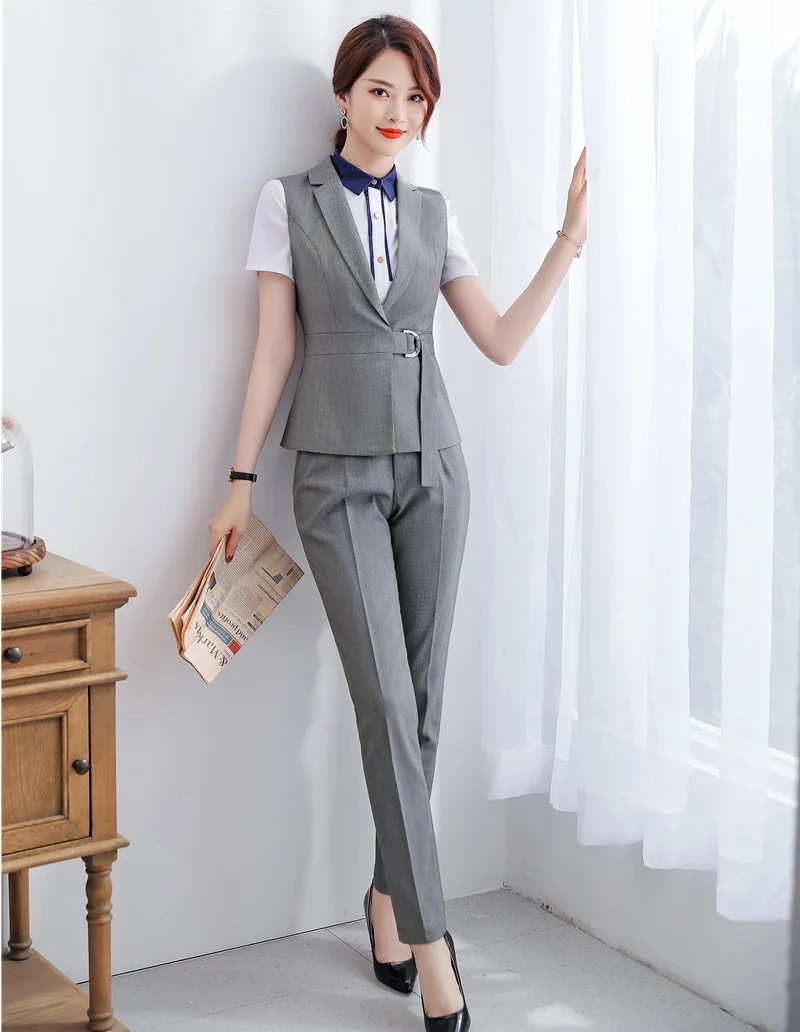 Деловой женский серый жилет и женские брючные костюмы комплекты одежды для