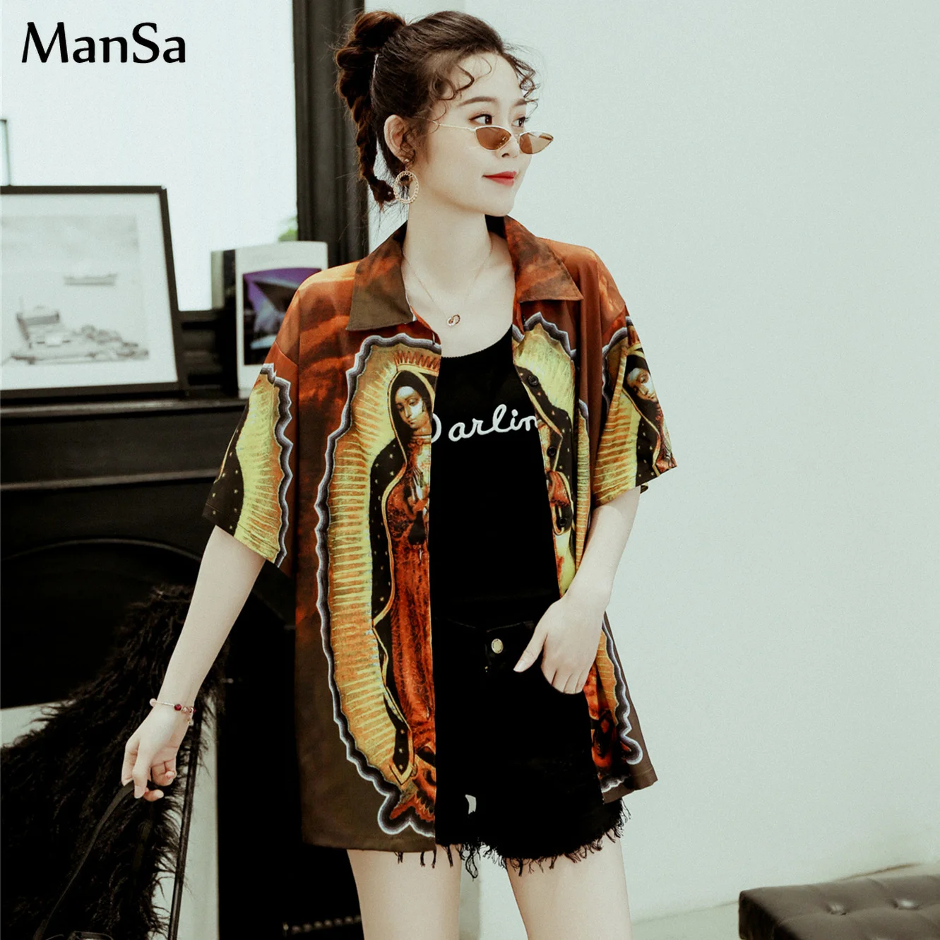 Женская винтажная блузка с креативным рисунком летняя повседневная рубашка