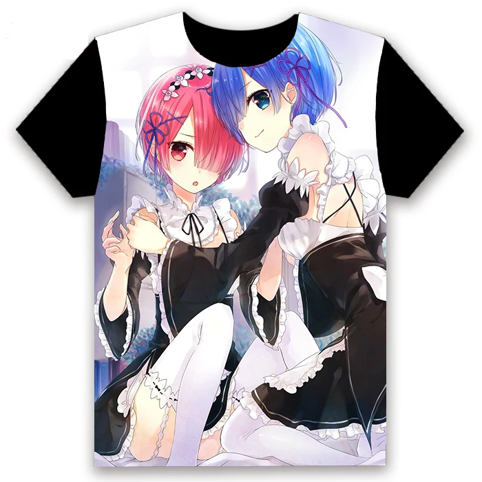 Fashion Men's T-shirt Anime Re:Zero kara Hajimeru Isekai Seikatsu Rem Ram Short Sleeve Student Casual Black Tee Tops Customize | Мужская