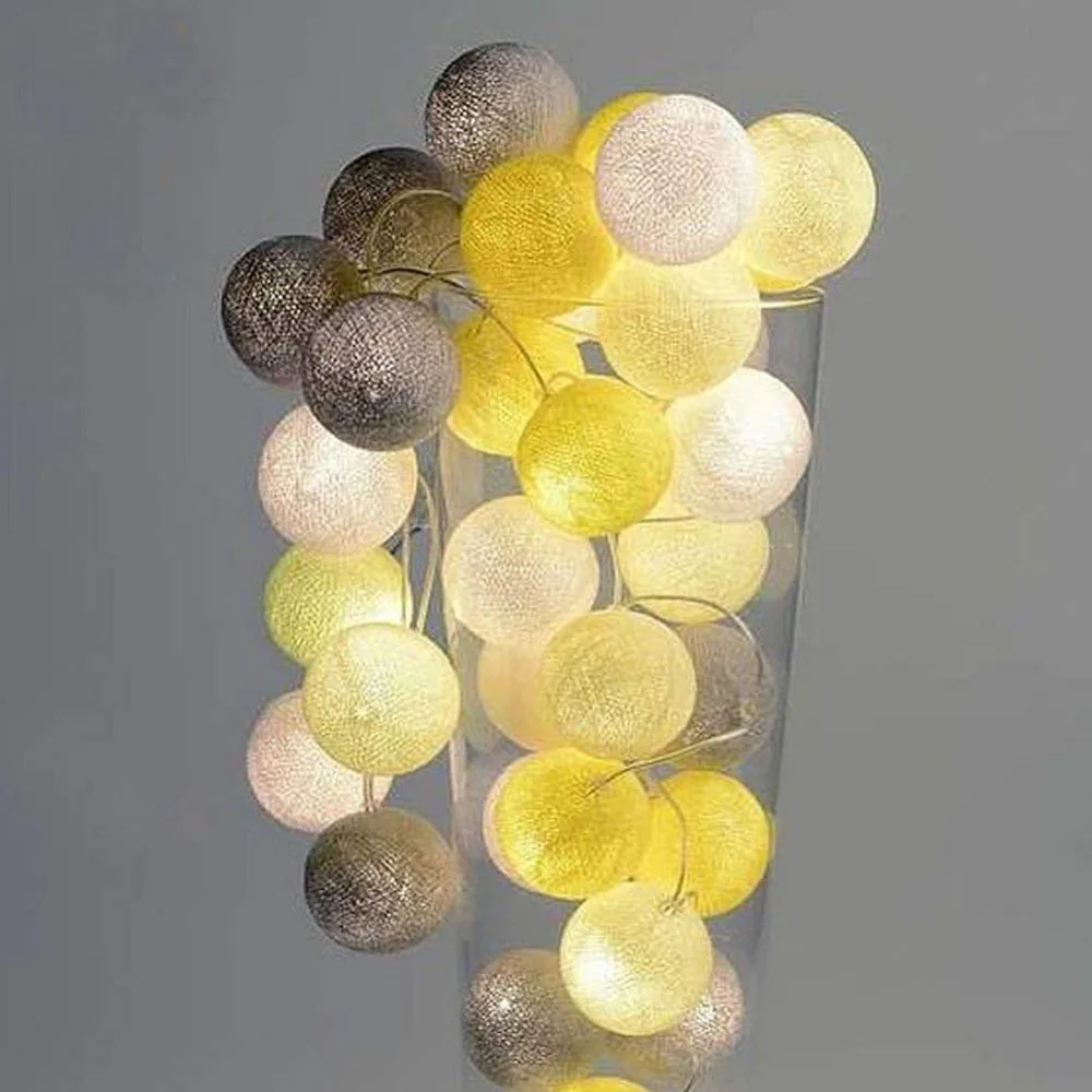 20 LED Yellow Grey White Cotton Ball Fairy String Light Neutral Baby Shower Nursery Wedding Party Christmas Decoration | Дом и сад