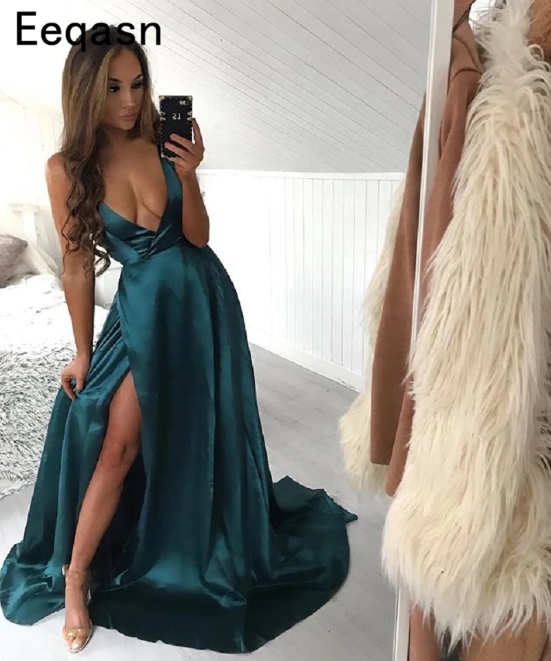 

Evening Dress Long 2019 Elegant Elastic Satin V Neck Prom Party Dresses Evening Gowns Abendkleider Sexy Robe De Soiree