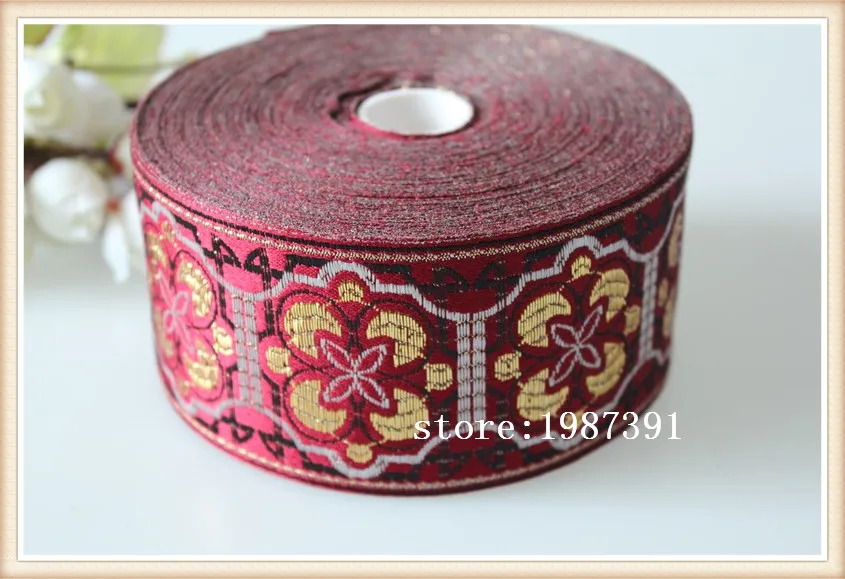 

5yards/lot Woven Jacquard Ribbon width 6cm red totem flowers pattern with gold thread ls-6665