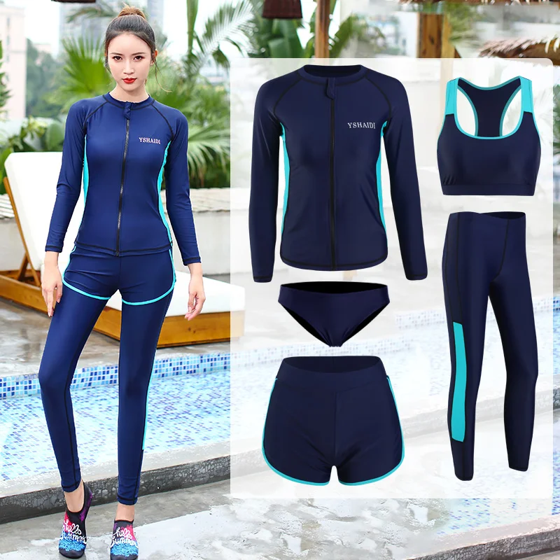 Swimwear Women's Swim Fitness Rush Guard Outdoor Sports Swimming Diving Surfing 5-Piece Set Long Sleeve Leggings Shorts Bikini