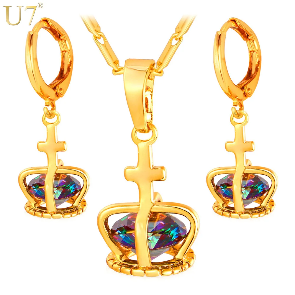 

U7 New Unique Gold/Silver Color Lantern Shape Jewelry Set Women Trendy Cubic Zirconia Cute Charm Earring Necklace Sets S852