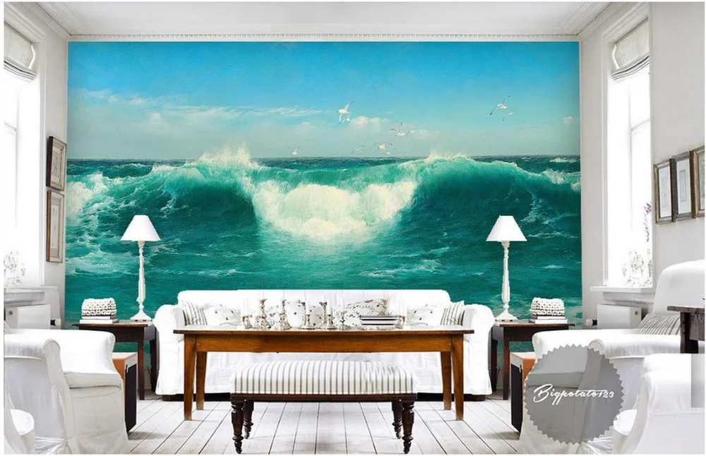 3D обои на заказ синее небо белые облака зеленые морские воды волны морской вид