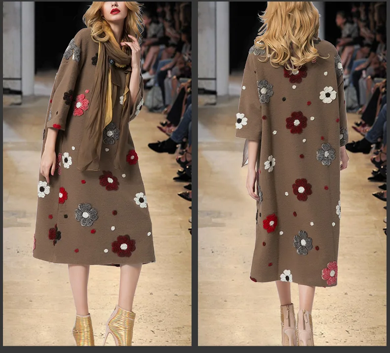 Новая девушка чувствовать себя Винтаж 3D Florals жаккарда сплетенные Kintted шерстяное платье Для женщин; коллекция г.; на осень-зиму коричневый свободные три четверти платье